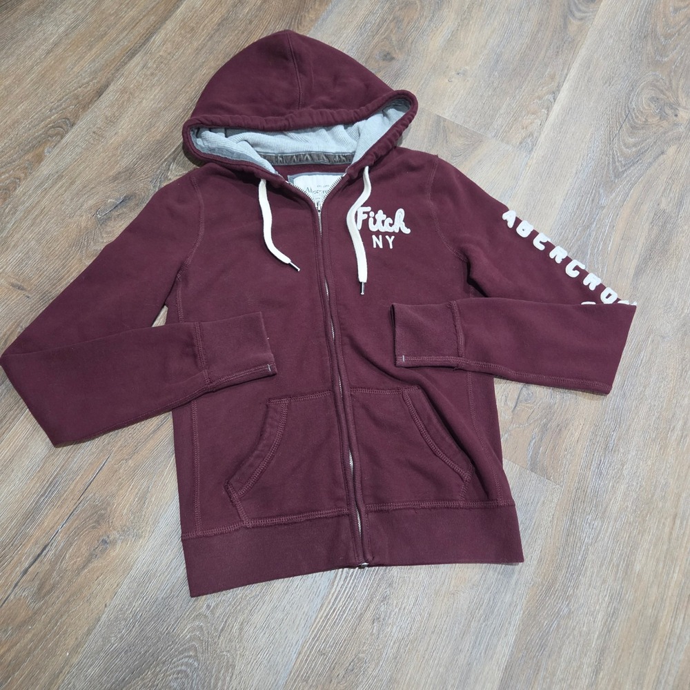 Abercrombie & Fitch Maroon Full Zip Hoodie Logo Sweatshirt Burgundy Junior M